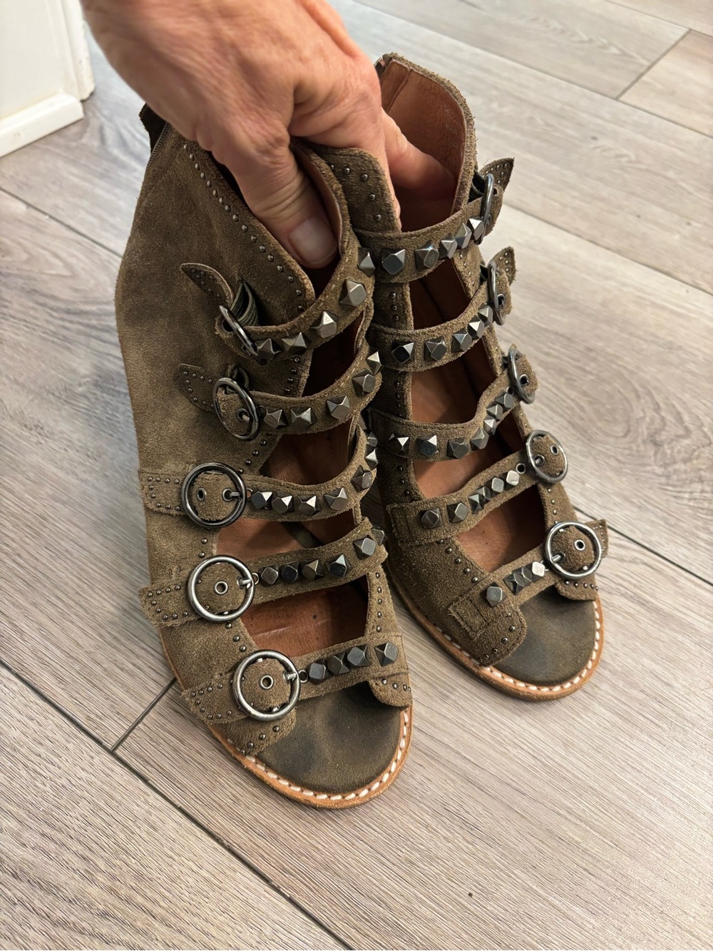 Jeffrey Campbell Olive Suede Studded Buckle Heeled Boots